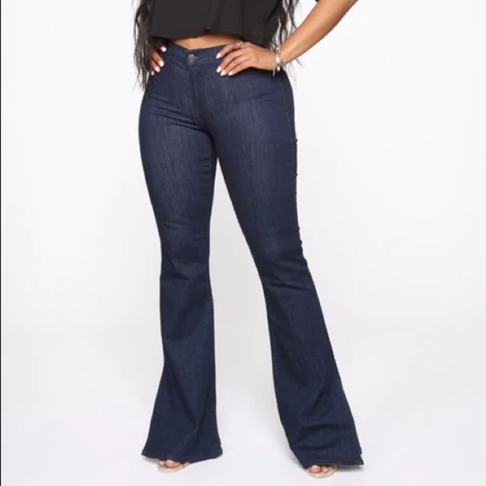 Fashion Nova Flare Leg Dark Blue Wash Denim Jeans